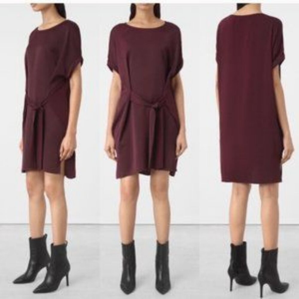 All Saints Sonny Dress Burgundy Maroon Relaxed Slouchy Fit Tie Waist Size 2